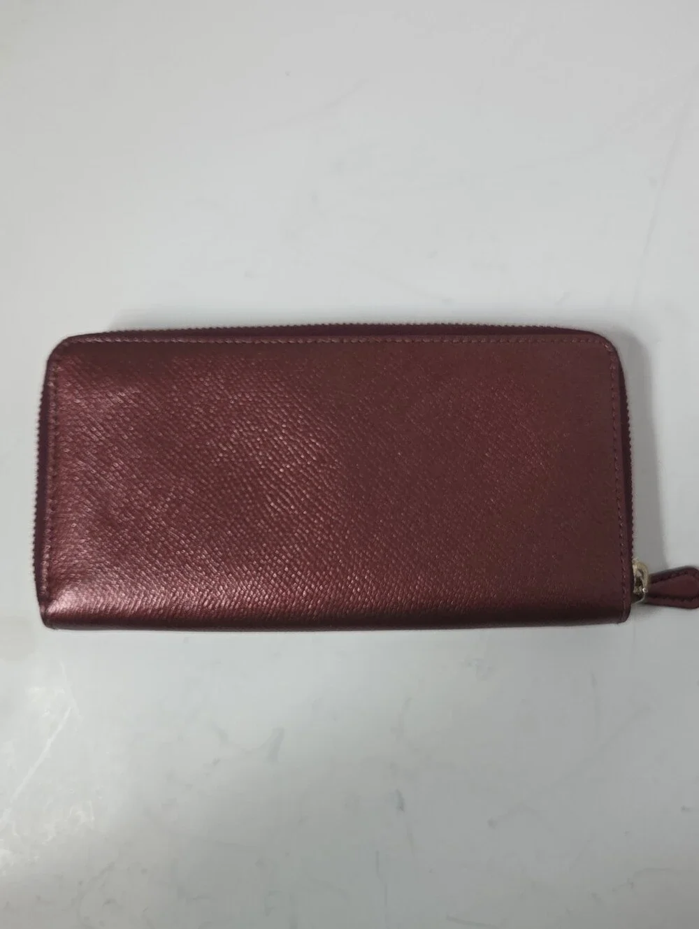 coach f54007 accordian zip around wallet metallic cherry wine front card pocket